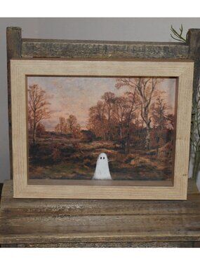 Cottage Farmhouse Framed Ghost Forest Picture Wall Art Fall Halloween Decor